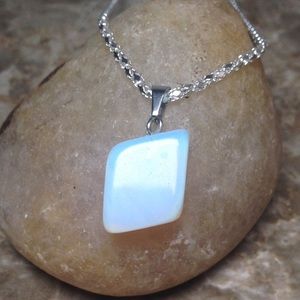 Opalite Glass Pendant Necklace Gift Silver Plated